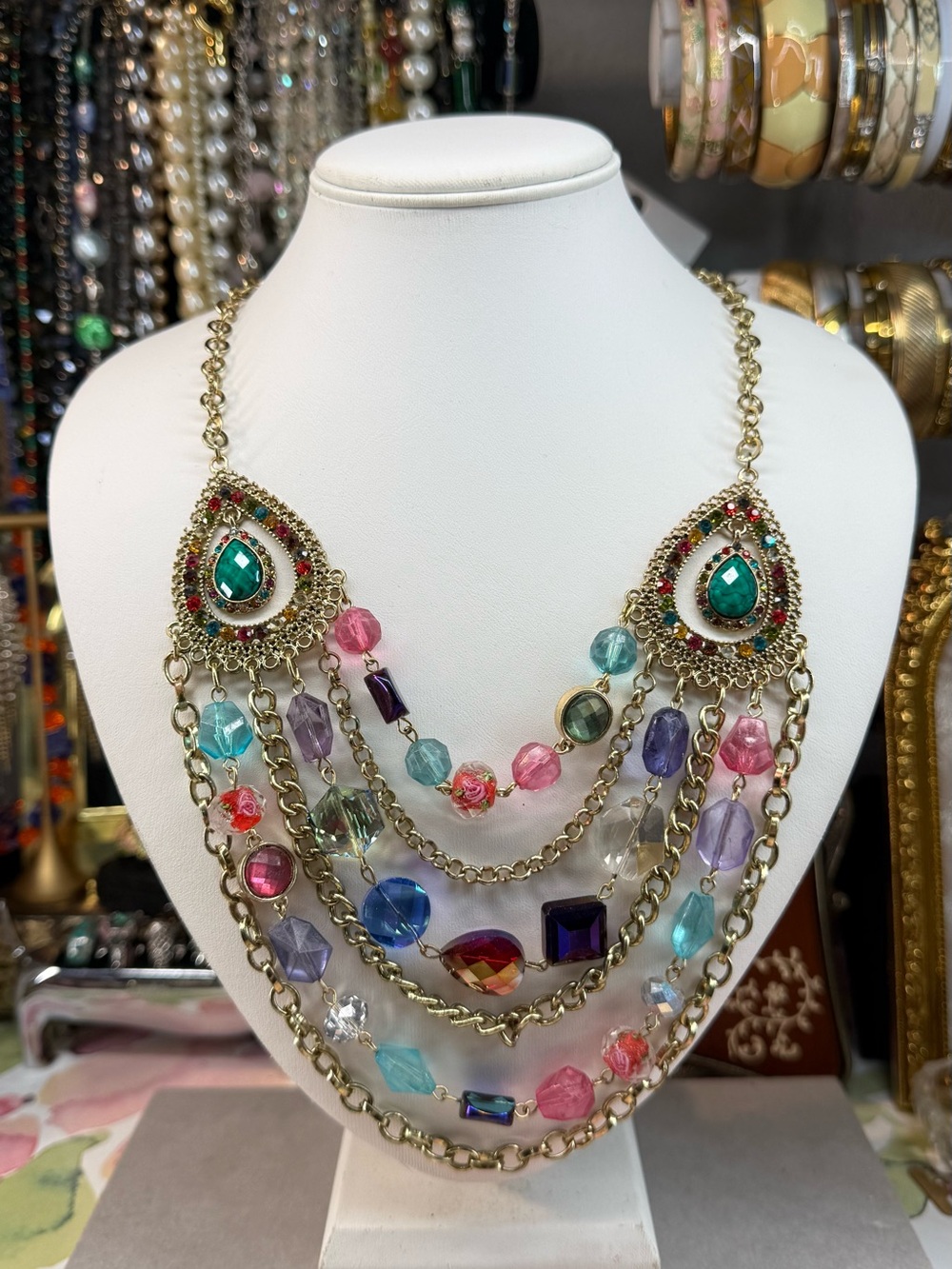 Stunning Multicolor Acrylic Gemstone Drop Statement Necklace - Gold Tone